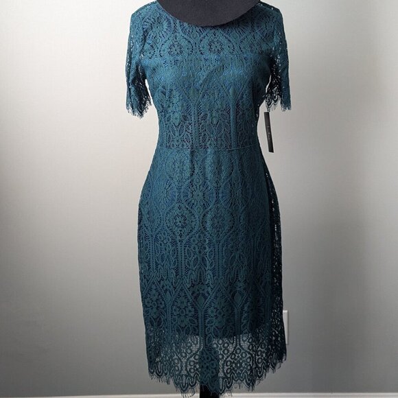 NWT Elegant Wedding Guest Lace Dress GreenShort Sleeve Dress -- Size M - Picture 4 of 12